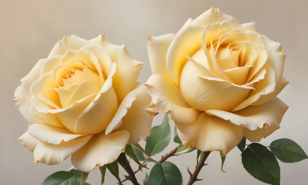 A Close Up Shot Of Two Light Yellow Roses With Soft Delicate Petals Set Against A Light Gradient Background 14 E375