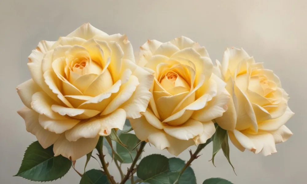 A Close Up Shot Of Two Light Yellow Roses With Soft Delicate Petals Set Against A Light Gradient Background 15 Cc7b