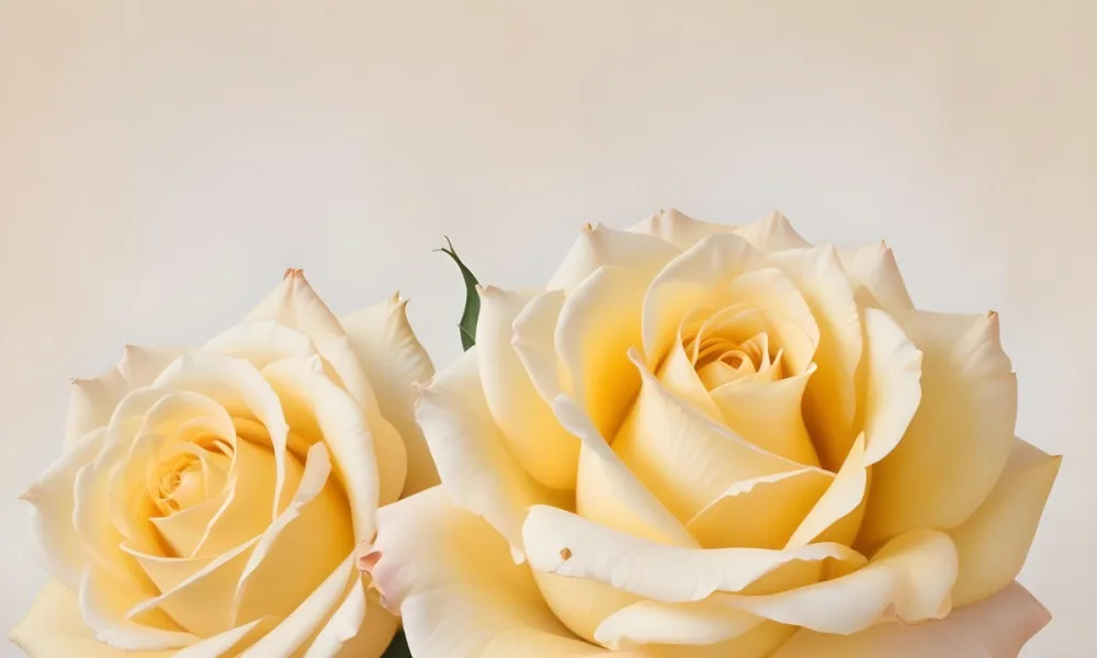 A Close Up Shot Of Two Light Yellow Roses With Soft Delicate Petals Set Against A Light Gradient Background 18 10c1