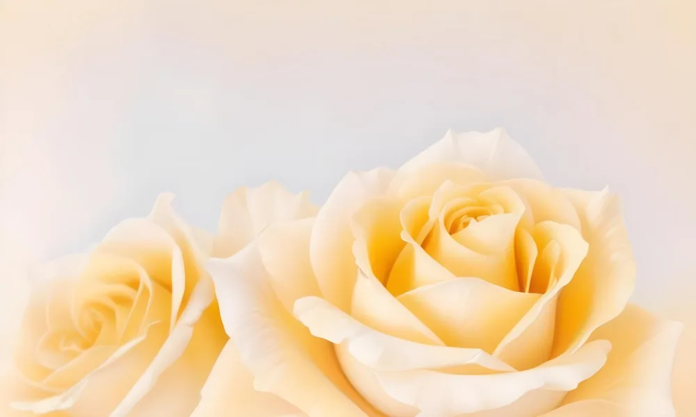 A Close Up Shot Of Two Light Yellow Roses With Soft Delicate Petals Set Against A Light Gradient Background 25 0998