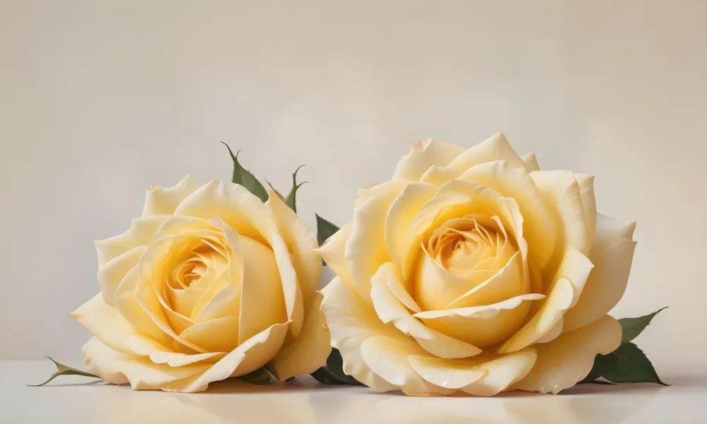 A Close Up Shot Of Two Light Yellow Roses With Soft Delicate Petals Set Against A Light Gradient Background 4 8d52
