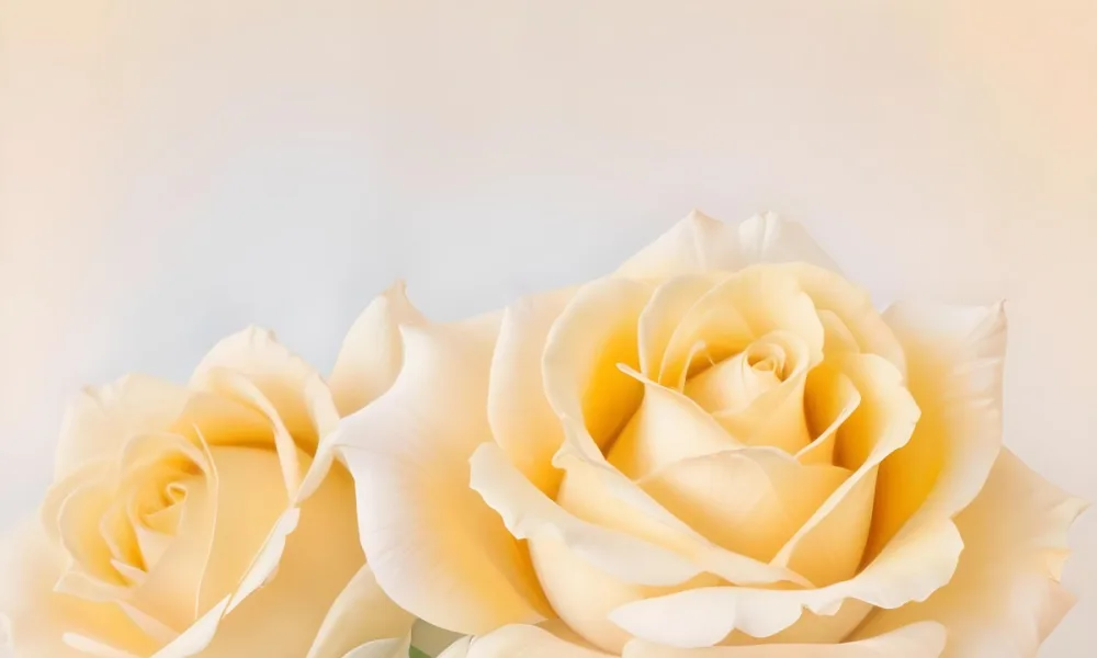 A Close Up Shot Of Two Light Yellow Roses With Soft Delicate Petals Set Against A Light Gradient Background 5 418a