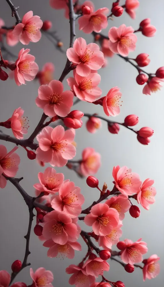 A Close Up View Of A Branch With Vibrant Red Plum Blossoms Against A Light Background The Flowers Have Delicate Petals And Are Clustered Together Creating A Beautiful And Lively Display 1 5710
