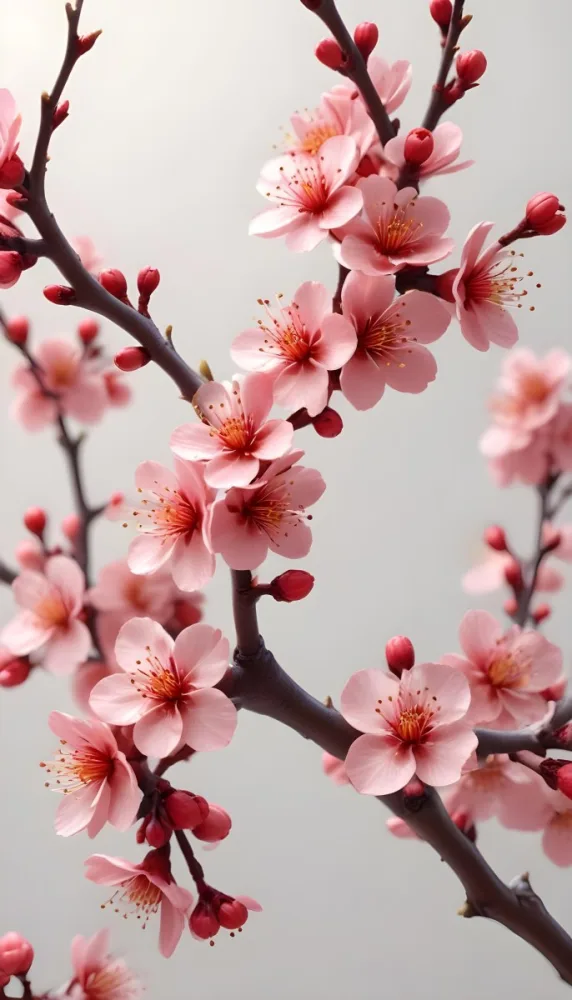 A Close Up View Of A Branch With Vibrant Red Plum Blossoms Against A Light Background The Flowers Have Delicate Petals And Are Clustered Together Creating A Beautiful And Lively Display 12 F70b