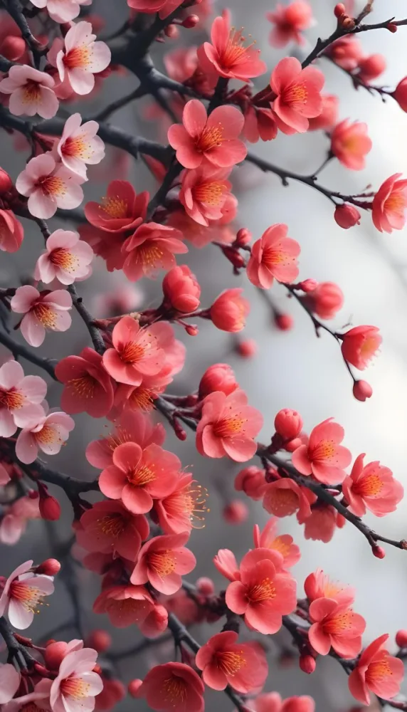 A Close Up View Of A Branch With Vibrant Red Plum Blossoms Against A Light Background The Flowers Have Delicate Petals And Are Clustered Together Creating A Beautiful And Lively Display 14 37fe