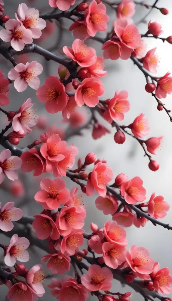 A Close Up View Of A Branch With Vibrant Red Plum Blossoms Against A Light Background The Flowers Have Delicate Petals And Are Clustered Together Creating A Beautiful And Lively Display 15 7ce3