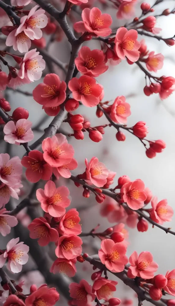 A Close Up View Of A Branch With Vibrant Red Plum Blossoms Against A Light Background The Flowers Have Delicate Petals And Are Clustered Together Creating A Beautiful And Lively Display 16 52c1