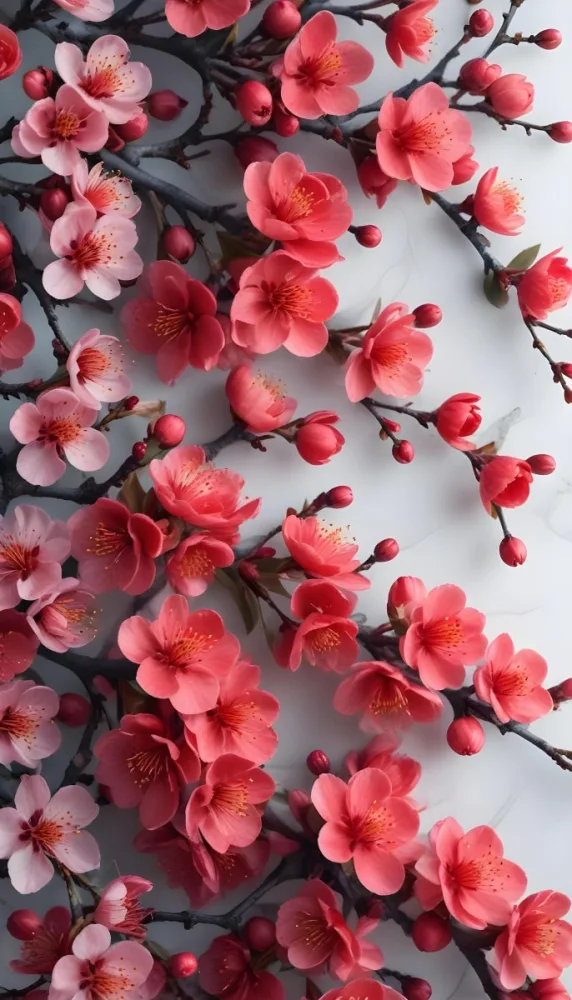 A Close Up View Of A Branch With Vibrant Red Plum Blossoms Against A Light Background The Flowers Have Delicate Petals And Are Clustered Together Creating A Beautiful And Lively Display 18 36b1