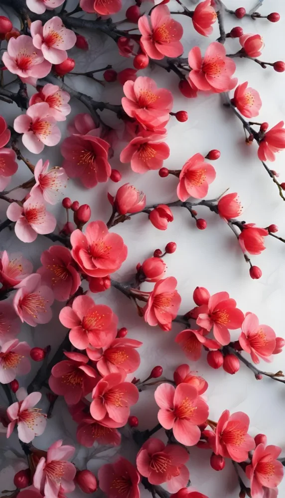 A Close Up View Of A Branch With Vibrant Red Plum Blossoms Against A Light Background The Flowers Have Delicate Petals And Are Clustered Together Creating A Beautiful And Lively Display 20 1fd9