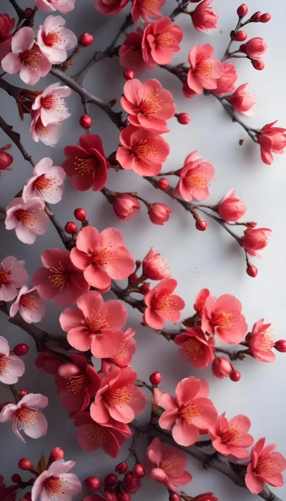 A Close Up View Of A Branch With Vibrant Red Plum Blossoms Against A Light Background The Flowers Have Delicate Petals And Are Clustered Together Creating A Beautiful And Lively Display 3 B39f