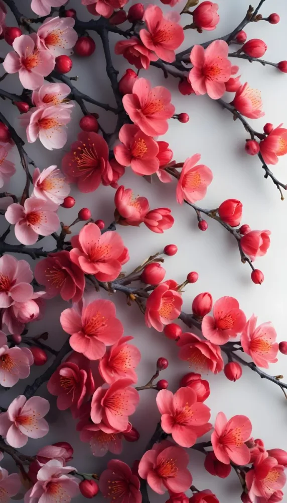 A Close Up View Of A Branch With Vibrant Red Plum Blossoms Against A Light Background The Flowers Have Delicate Petals And Are Clustered Together Creating A Beautiful And Lively Display 4 57f4