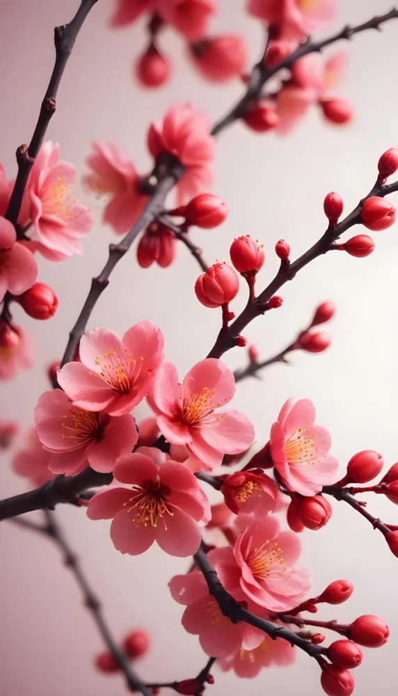 A Close Up View Of A Branch With Vibrant Red Plum Blossoms Against A Light Background The Flowers Have Delicate Petals And Are Clustered Together Creating A Beautiful And Lively Display 5 73a6