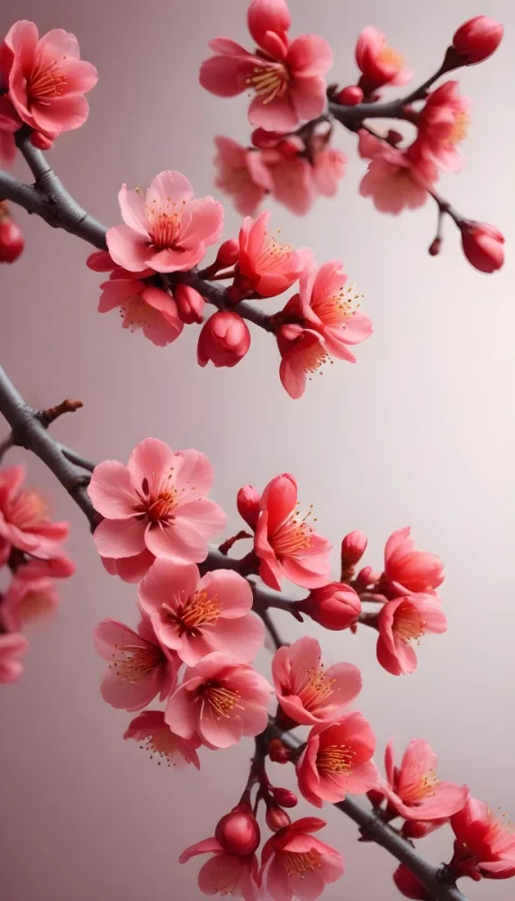 A Close Up View Of A Branch With Vibrant Red Plum Blossoms Against A Light Background The Flowers Have Delicate Petals And Are Clustered Together Creating A Beautiful And Lively Display 7 739a