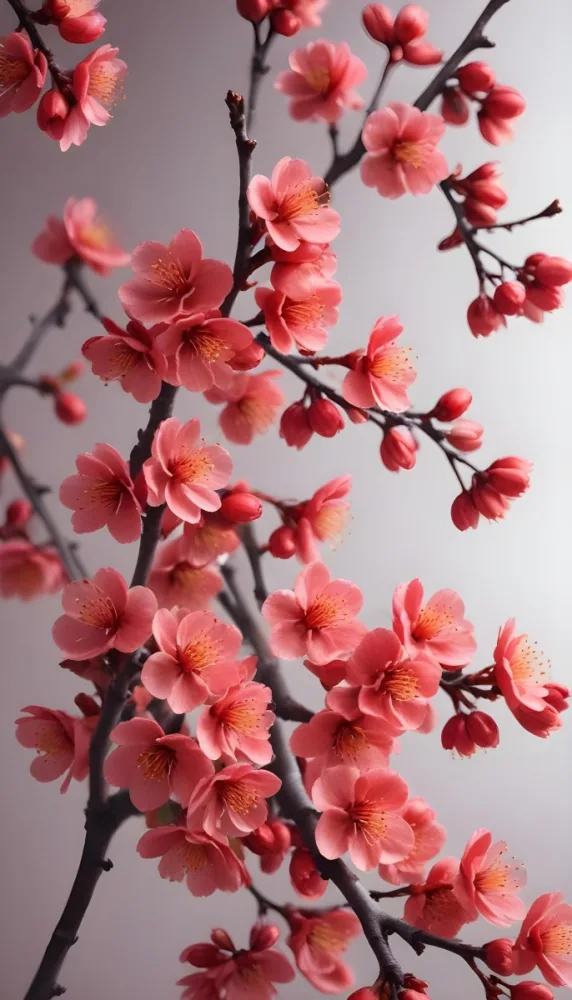 A Close Up View Of A Branch With Vibrant Red Plum Blossoms Against A Light Background The Flowers Have Delicate Petals And Are Clustered Together Creating A Beautiful And Lively Display 8 Aa33