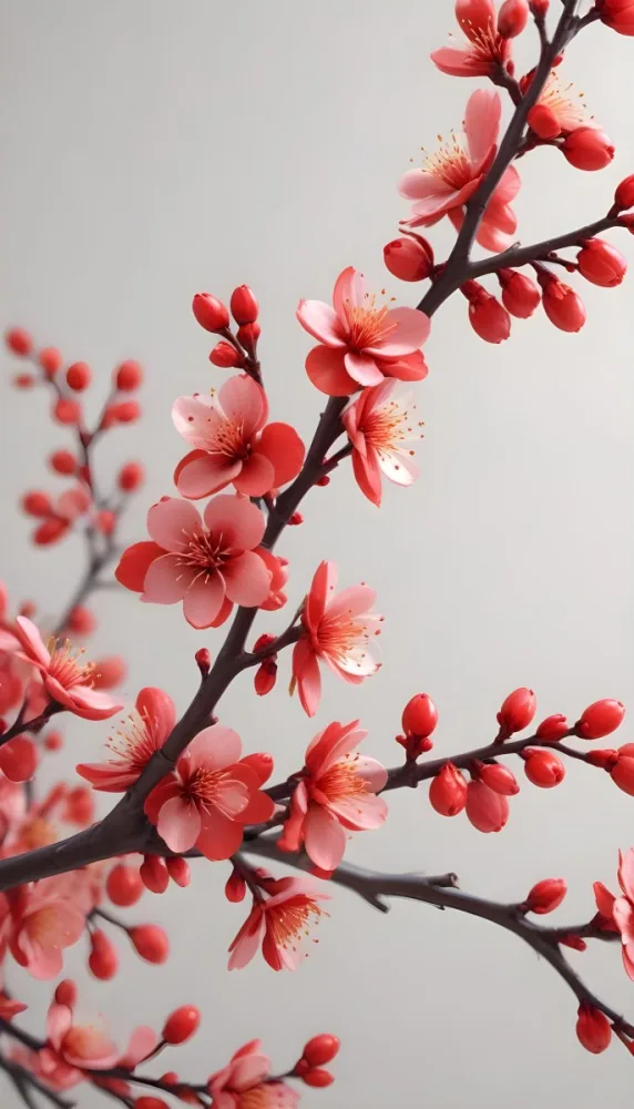 A Close Up View Of A Branch With Vibrant Red Plum Blossoms Against A Light Background The Flowers Have Delicate Petals And Are Clustered Together Creating A Beautiful And Lively Display 9 E069