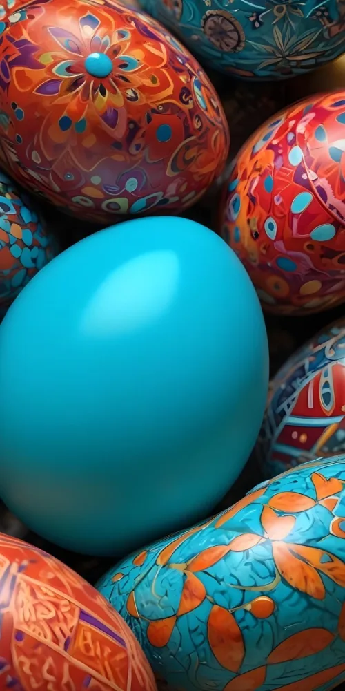 A Close Up View Of A Turquoise Colored Egg Shaped Object Surrounded By Various Colorful Patterns And Textures 12 7713