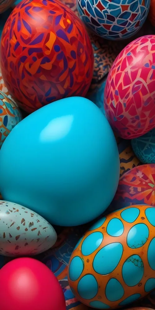 A Close Up View Of A Turquoise Colored Egg Shaped Object Surrounded By Various Colorful Patterns And Textures 16 E8ab