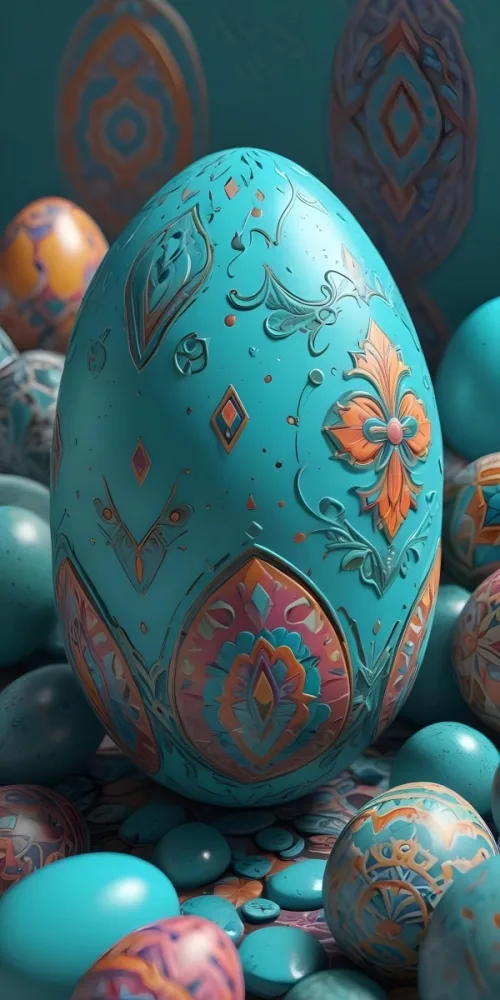 A Close Up View Of A Turquoise Colored Egg Shaped Object Surrounded By Various Colorful Patterns And Textures 8 F9ad