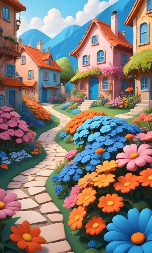 A Colorful And Whimsical Landscape With A Winding Path Leading Through A Vibrant Garden Filled With Large Stylized Flowers In Shades Of Pink Blue And Orange The Background Features Quaint Br 13 5fd3