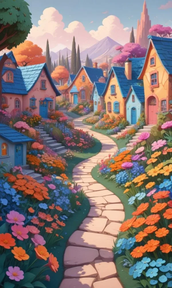 A Colorful And Whimsical Landscape With A Winding Path Leading Through A Vibrant Garden Filled With Large Stylized Flowers In Shades Of Pink Blue And Orange The Background Features Quaint Br 14 8081