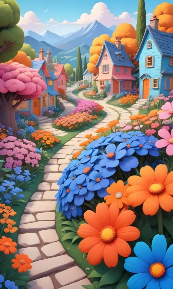 A Colorful And Whimsical Landscape With A Winding Path Leading Through A Vibrant Garden Filled With Large Stylized Flowers In Shades Of Pink Blue And Orange The Background Features Quaint Br 16 Bada