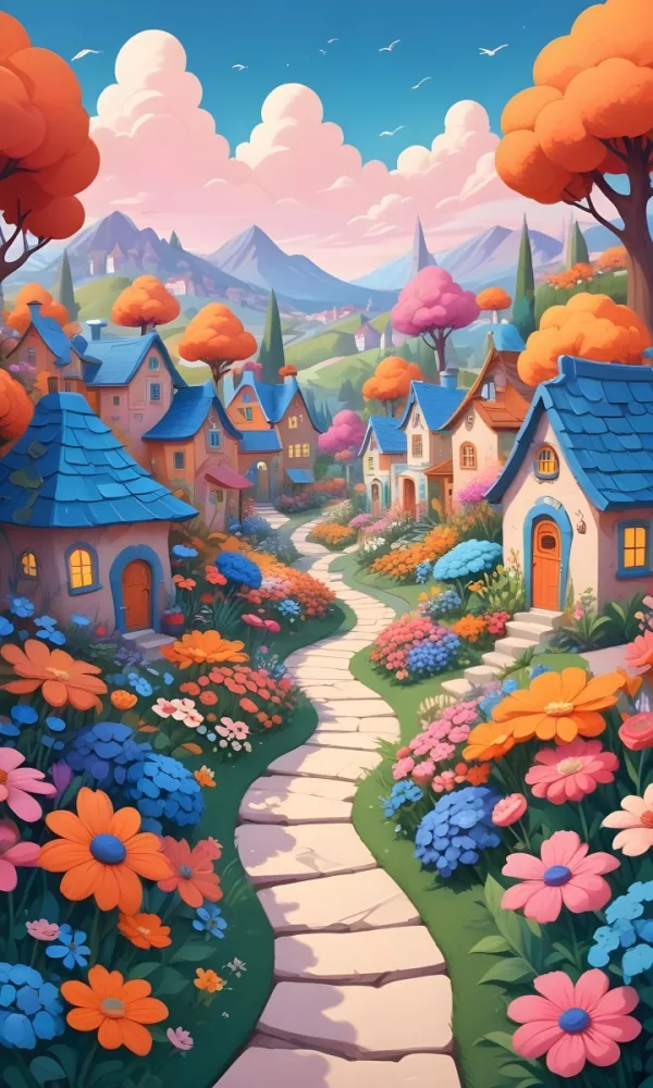 A Colorful And Whimsical Landscape With A Winding Path Leading Through A Vibrant Garden Filled With Large Stylized Flowers In Shades Of Pink Blue And Orange The Background Features Quaint Br 17 Cdec