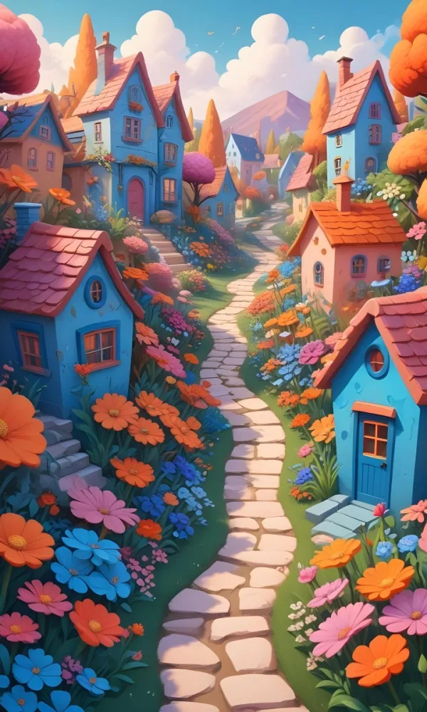 A Colorful And Whimsical Landscape With A Winding Path Leading Through A Vibrant Garden Filled With Large Stylized Flowers In Shades Of Pink Blue And Orange The Background Features Quaint Br 18 1c88
