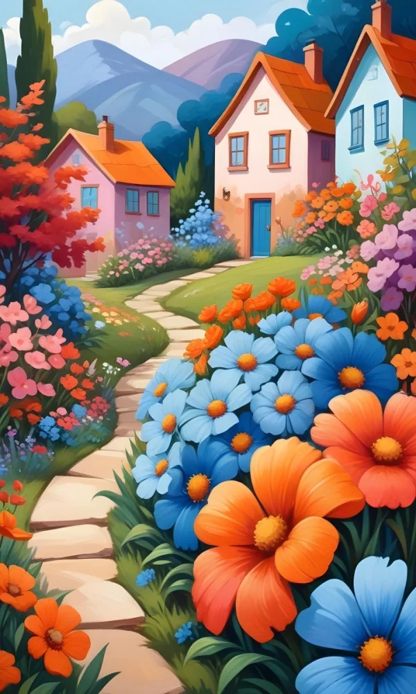 A Colorful And Whimsical Landscape With A Winding Path Leading Through A Vibrant Garden Filled With Large Stylized Flowers In Shades Of Pink Blue And Orange The Background Features Quaint Br 3 D1ae