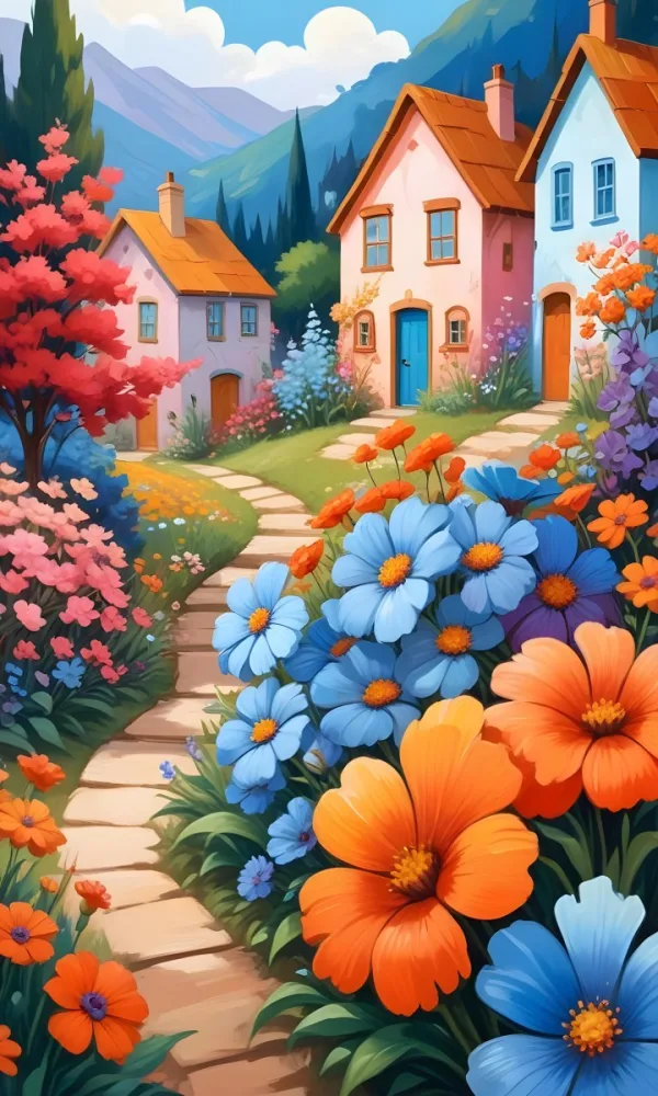 A Colorful And Whimsical Landscape With A Winding Path Leading Through A Vibrant Garden Filled With Large Stylized Flowers In Shades Of Pink Blue And Orange The Background Features Quaint Br 4 3cb4