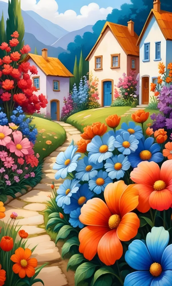A Colorful And Whimsical Landscape With A Winding Path Leading Through A Vibrant Garden Filled With Large Stylized Flowers In Shades Of Pink Blue And Orange The Background Features Quaint Br 5 22f7