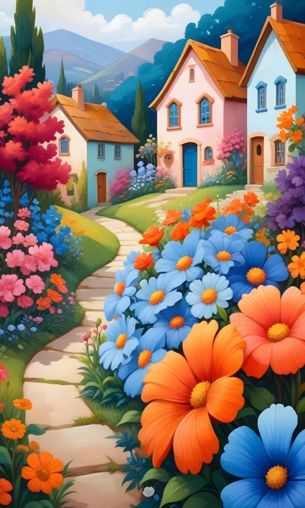 A Colorful And Whimsical Landscape With A Winding Path Leading Through A Vibrant Garden Filled With Large Stylized Flowers In Shades Of Pink Blue And Orange The Background Features Quaint Br 6 Cb3c