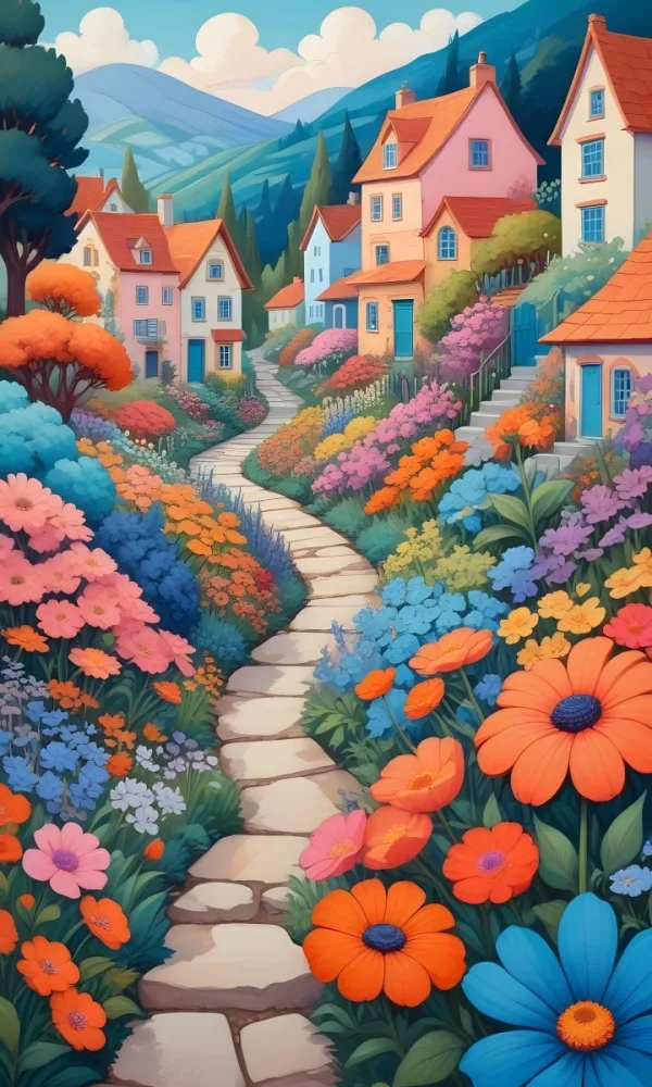A Colorful And Whimsical Landscape With A Winding Path Leading Through A Vibrant Garden Filled With Large Stylized Flowers In Shades Of Pink Blue And Orange The Background Features Quaint Br 7 7002