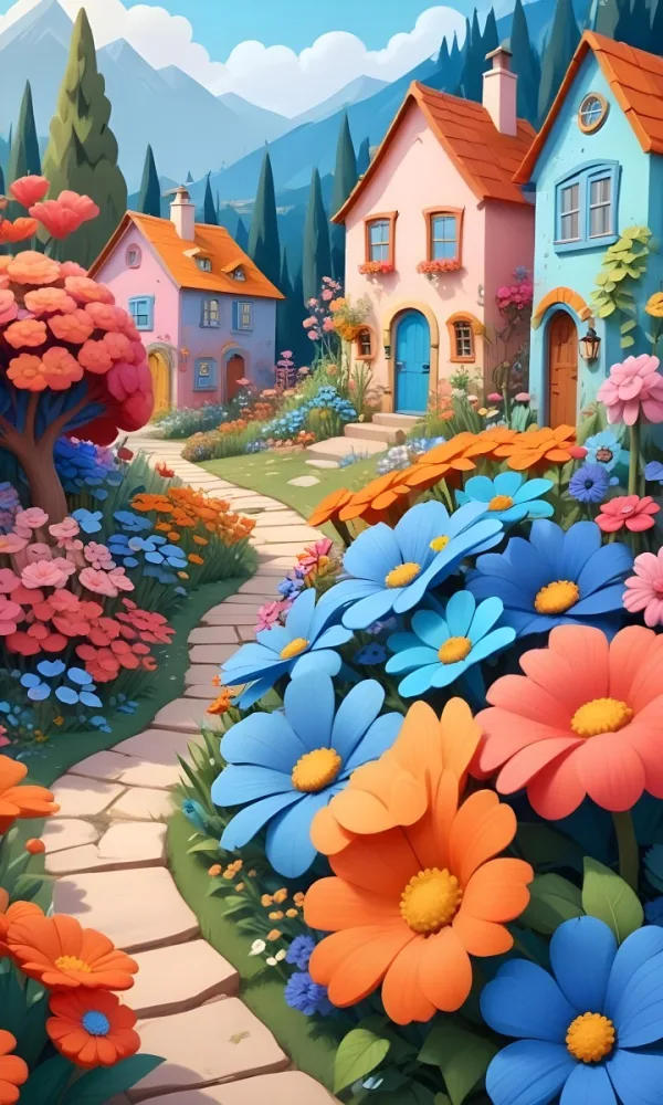 A Colorful And Whimsical Landscape With A Winding Path Leading Through A Vibrant Garden Filled With Large Stylized Flowers In Shades Of Pink Blue And Orange The Background Features Quaint Br 8 Eeb2