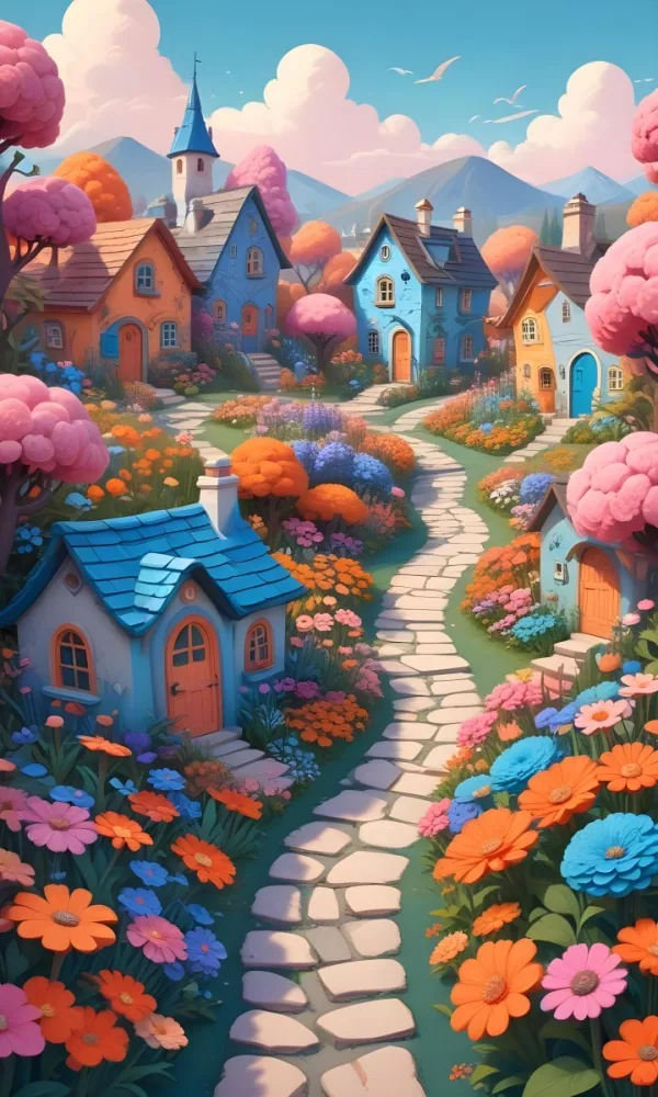 A Colorful And Whimsical Landscape With A Winding Path Leading Through A Vibrant Garden Filled With Large Stylized Flowers In Shades Of Pink Blue And Orange The Background Features Quaint Br 9 8d84