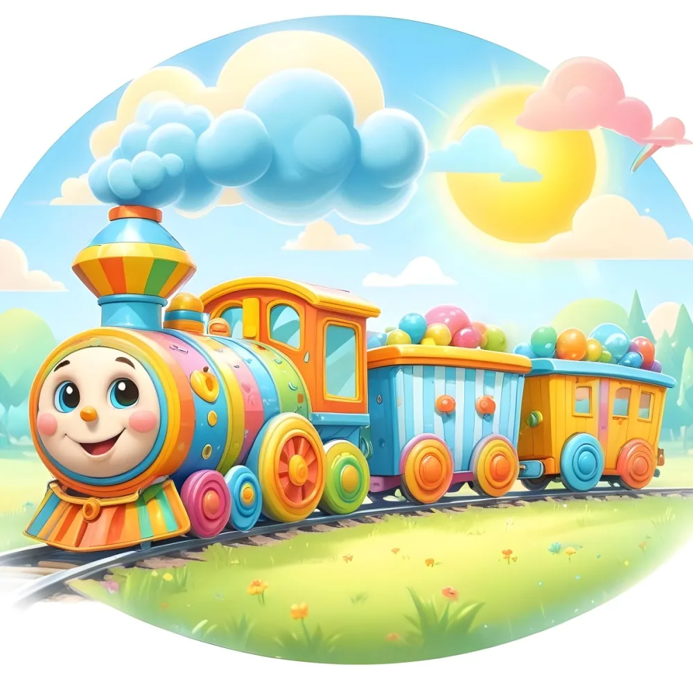 A Colorful Cartoon Train With A Smiling Face On The Front Traveling Through A Scenic Landscape With Mountains Flowers And A Vibrant Rainbow In The Sky 15 Ed4b