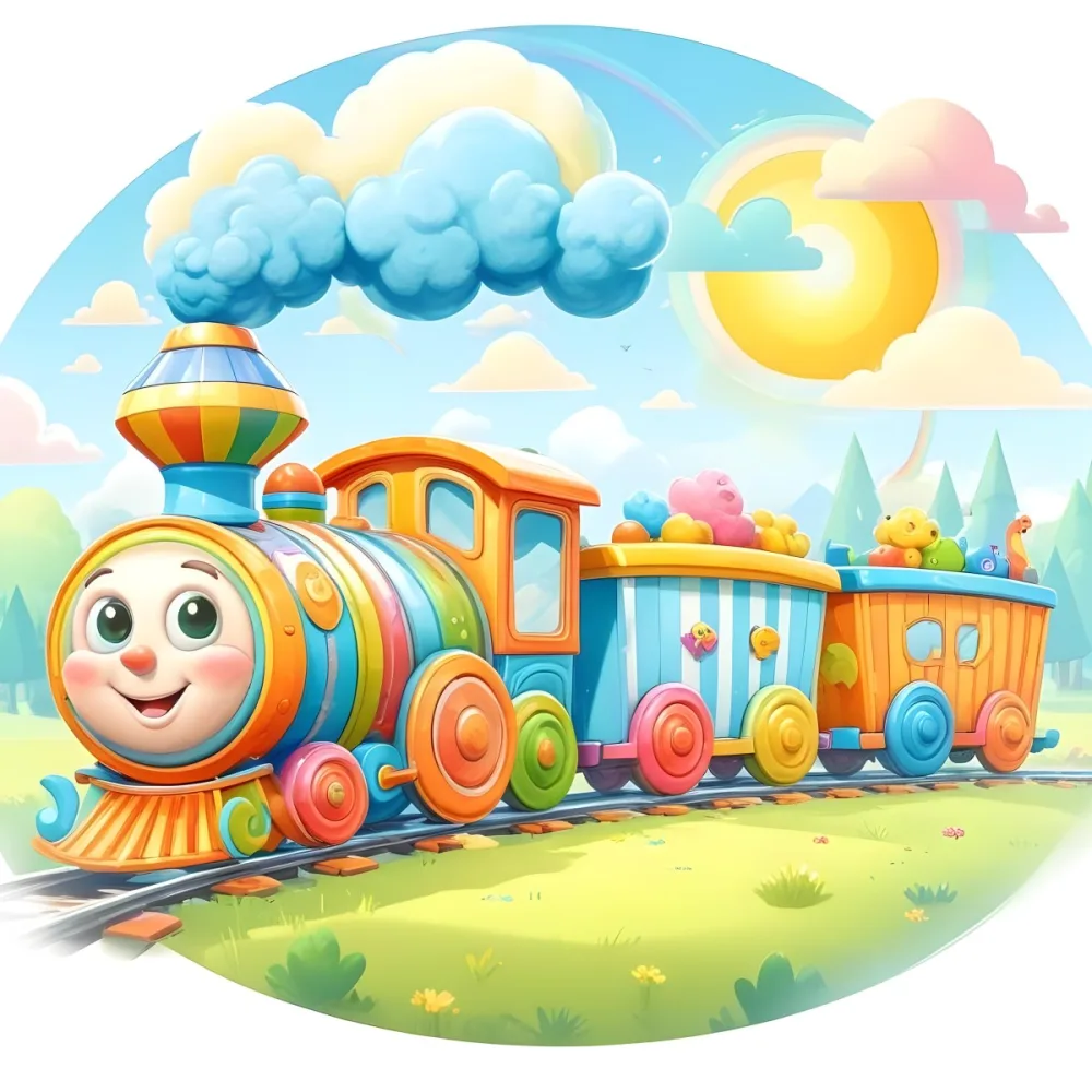 A Colorful Cartoon Train With A Smiling Face On The Front Traveling Through A Scenic Landscape With Mountains Flowers And A Vibrant Rainbow In The Sky 19 4d5c