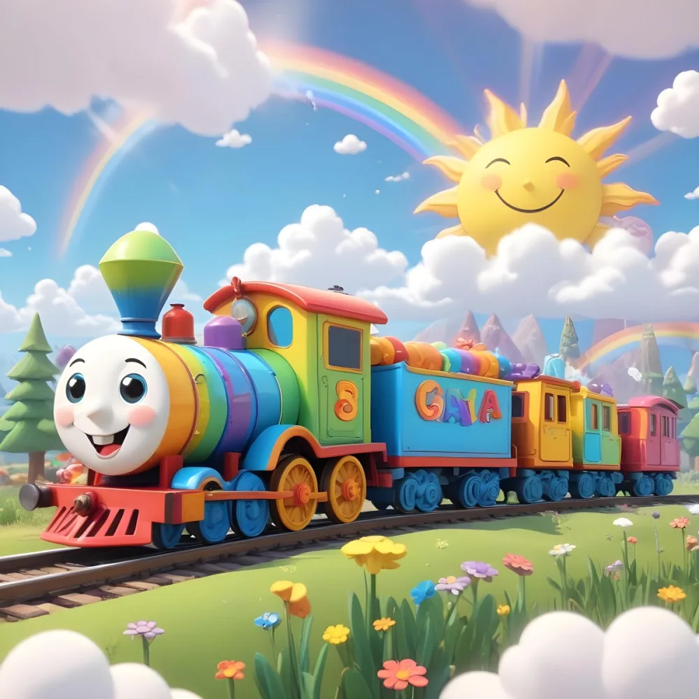 A Colorful Cartoon Train With A Smiling Face On The Front Traveling Through A Scenic Landscape With Mountains Flowers And A Vibrant Rainbow In The Sky 20 63c2