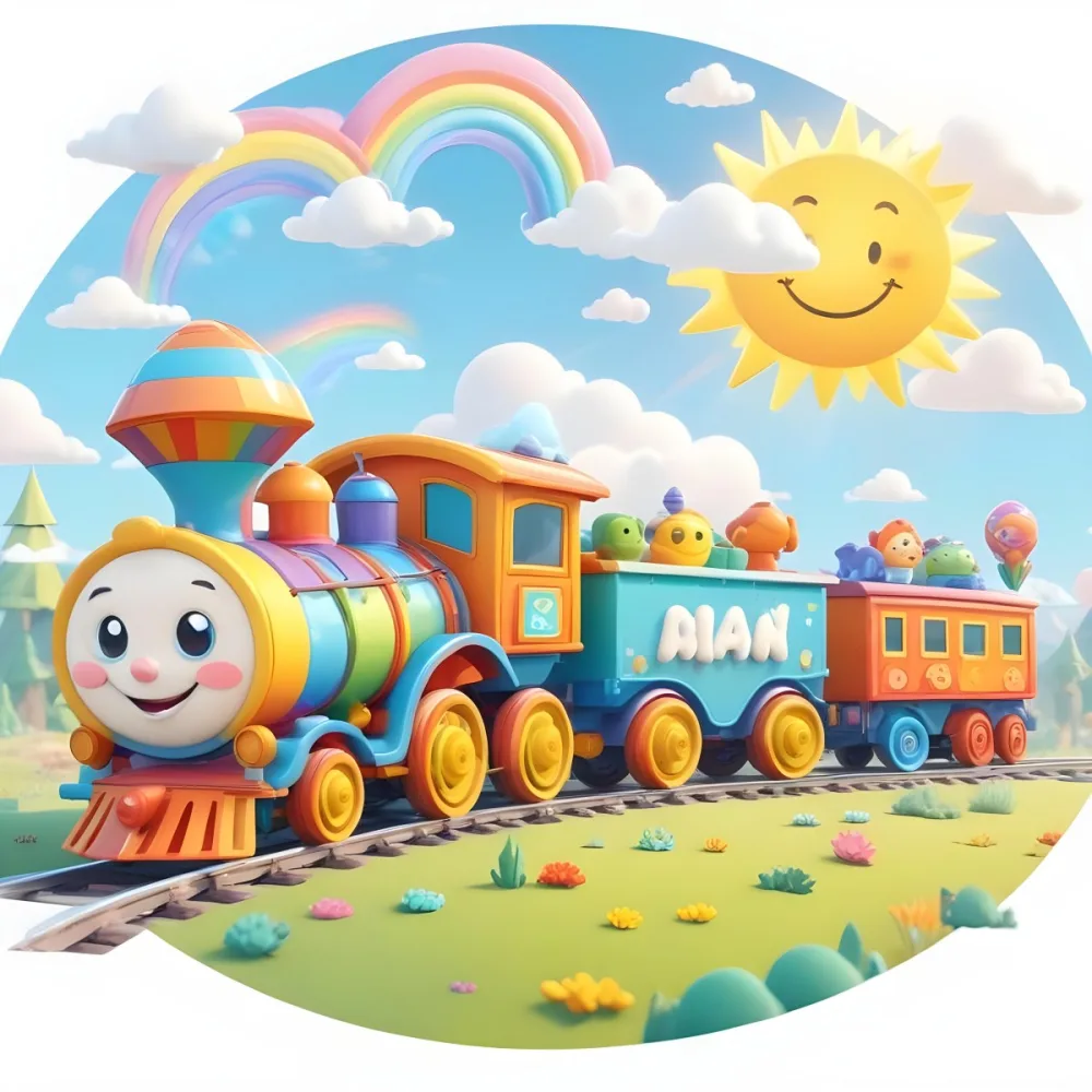 A Colorful Cartoon Train With A Smiling Face On The Front Traveling Through A Scenic Landscape With Mountains Flowers And A Vibrant Rainbow In The Sky 21 5622