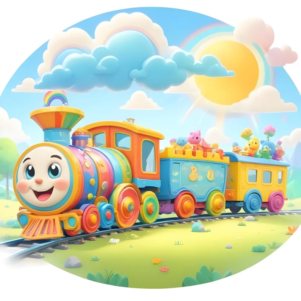 A Colorful Cartoon Train With A Smiling Face On The Front Traveling Through A Scenic Landscape With Mountains Flowers And A Vibrant Rainbow In The Sky 22 10e2