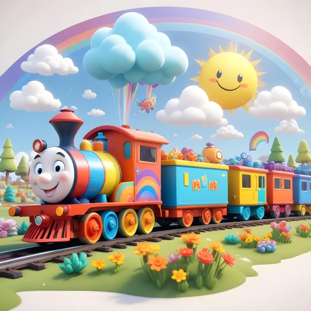 A Colorful Cartoon Train With A Smiling Face On The Front Traveling Through A Scenic Landscape With Mountains Flowers And A Vibrant Rainbow In The Sky 23 B1ed
