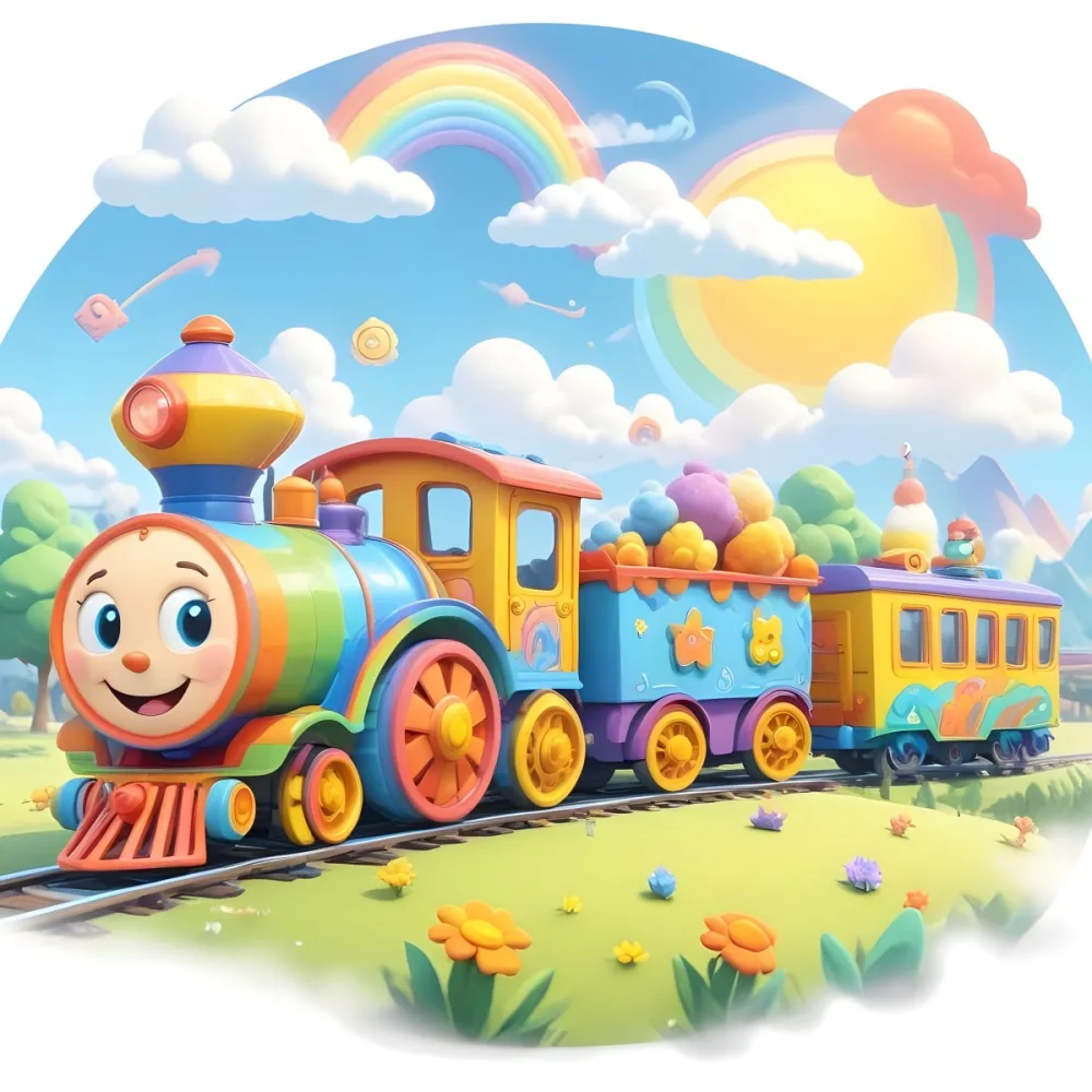 A Colorful Cartoon Train With A Smiling Face On The Front Traveling Through A Scenic Landscape With Mountains Flowers And A Vibrant Rainbow In The Sky 24 5573
