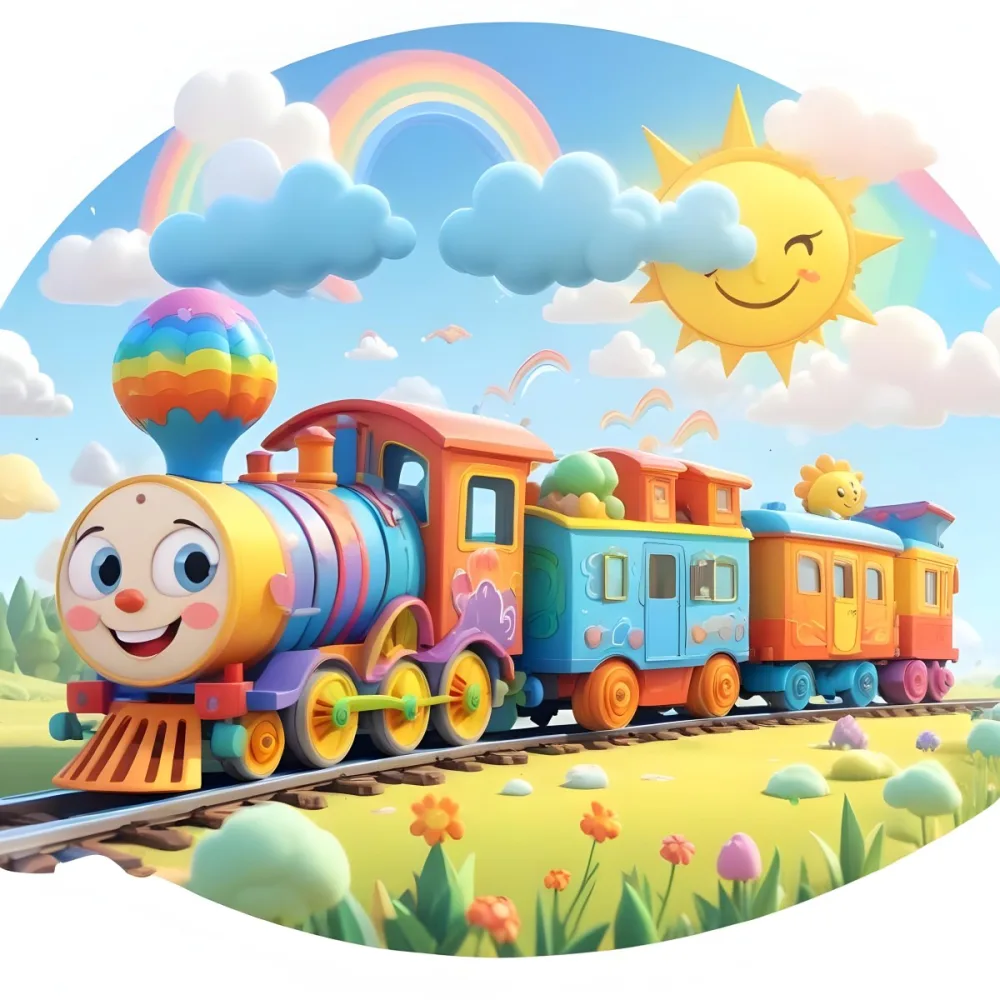 A Colorful Cartoon Train With A Smiling Face On The Front Traveling Through A Scenic Landscape With Mountains Flowers And A Vibrant Rainbow In The Sky 25 6bbb
