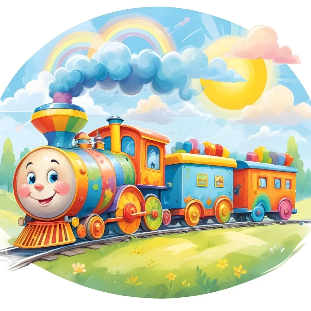 A Colorful Cartoon Train With A Smiling Face On The Front Traveling Through A Scenic Landscape With Mountains Flowers And A Vibrant Rainbow In The Sky 4 46c3