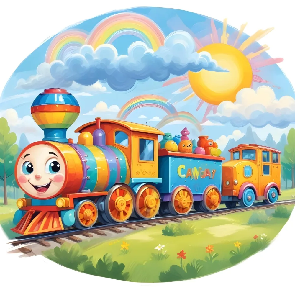 A Colorful Cartoon Train With A Smiling Face On The Front Traveling Through A Scenic Landscape With Mountains Flowers And A Vibrant Rainbow In The Sky 5 74d4