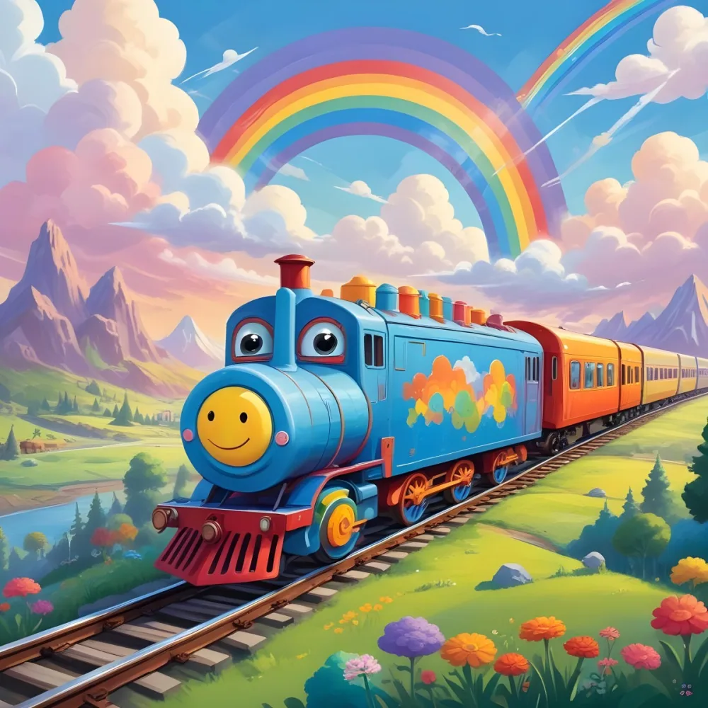 A Colorful Cartoon Train With A Smiling Face On The Front Traveling Through A Scenic Landscape With Mountains Flowers And A Vibrant Rainbow In The Sky 6 080f