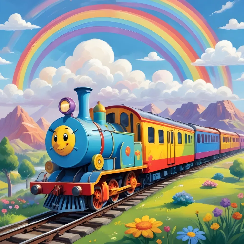 A Colorful Cartoon Train With A Smiling Face On The Front Traveling Through A Scenic Landscape With Mountains Flowers And A Vibrant Rainbow In The Sky 7 3492