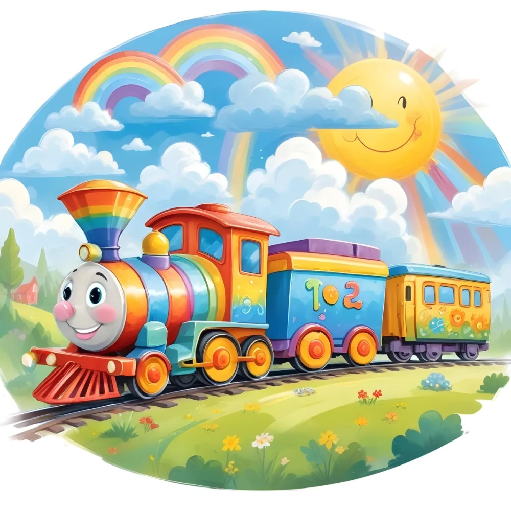 A Colorful Cartoon Train With A Smiling Face On The Front Traveling Through A Scenic Landscape With Mountains Flowers And A Vibrant Rainbow In The Sky 8 95bd