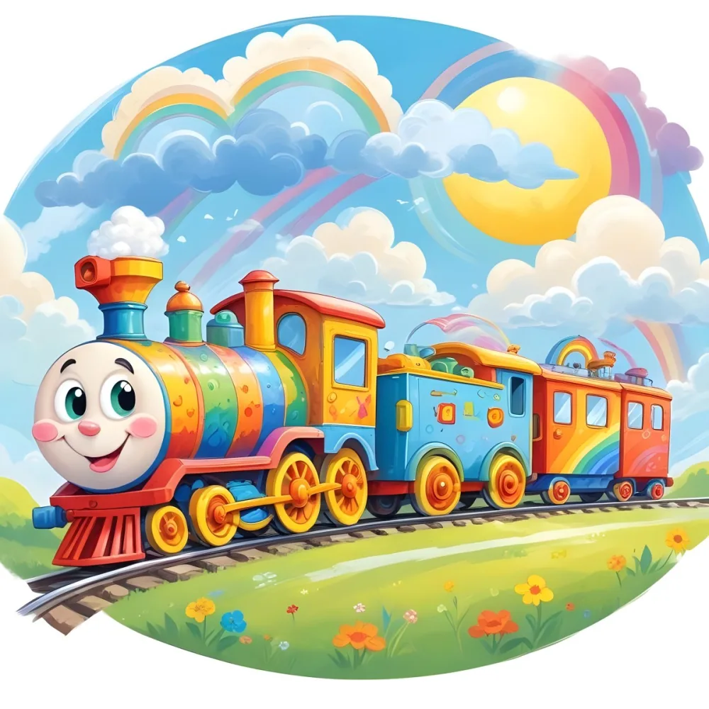 A Colorful Cartoon Train With A Smiling Face On The Front Traveling Through A Scenic Landscape With Mountains Flowers And A Vibrant Rainbow In The Sky 9 456e