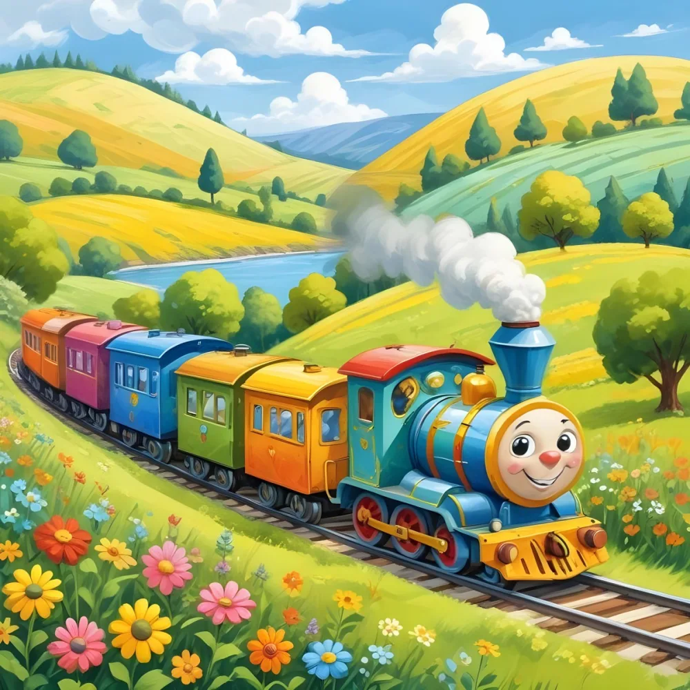 A Colorful Cartoon Train With A Smiling Face Traveling Through A Lush Hilly Landscape With Green Meadows Pine Trees And A Winding Road The Sky Is Blue With Fluffy White Clouds 16 8084