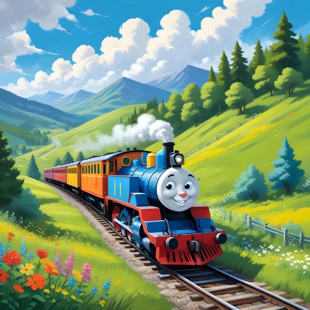 A Colorful Cartoon Train With A Smiling Face Traveling Through A Lush Hilly Landscape With Green Meadows Pine Trees And A Winding Road The Sky Is Blue With Fluffy White Clouds 21 3de0